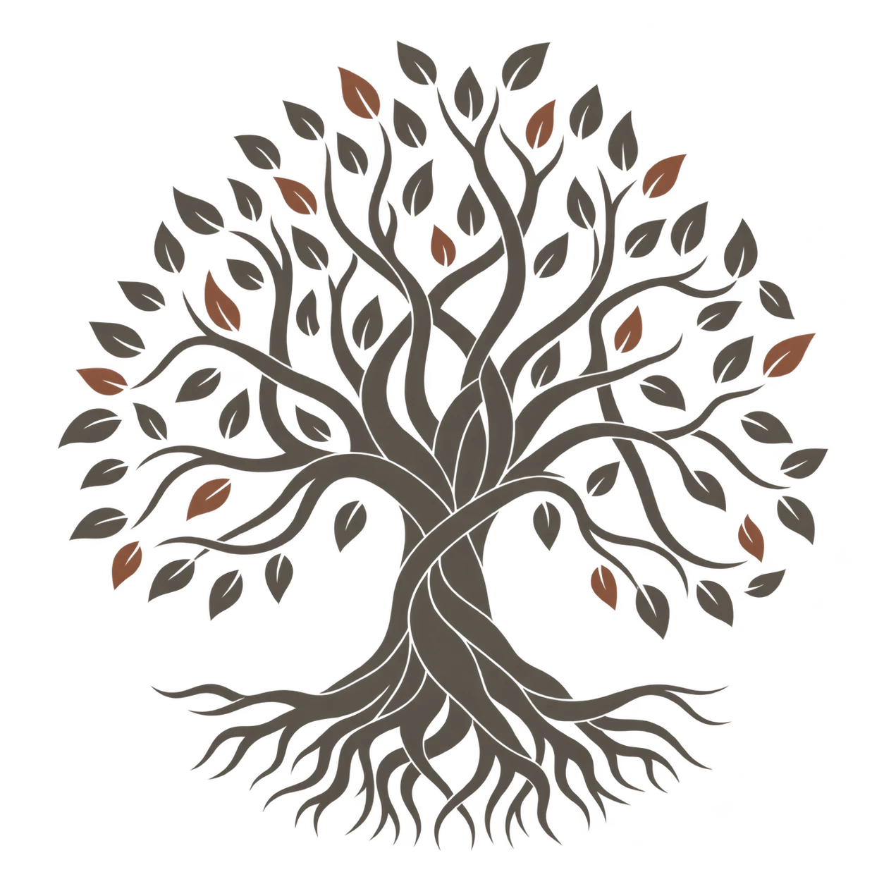 A flowing tree with intertwined branches, spreading roots and warm terracotta leaves