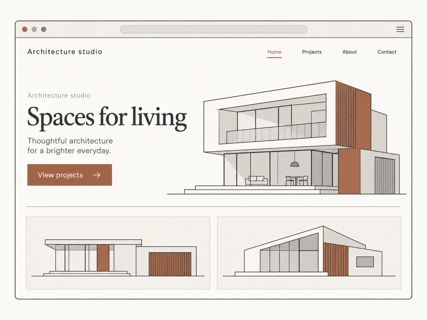 Architecture studio website concept with project illustrations and a clear inquiry path