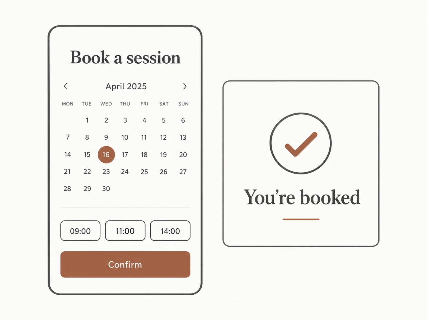 Booking app concept with a calendar, available times and appointment confirmation